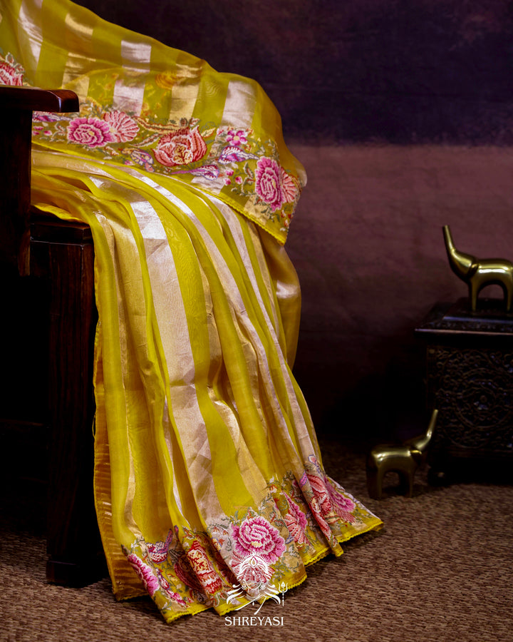 Pure Tissue Silk Saree with Zari Stripes and Petit Point Embroidered Borders