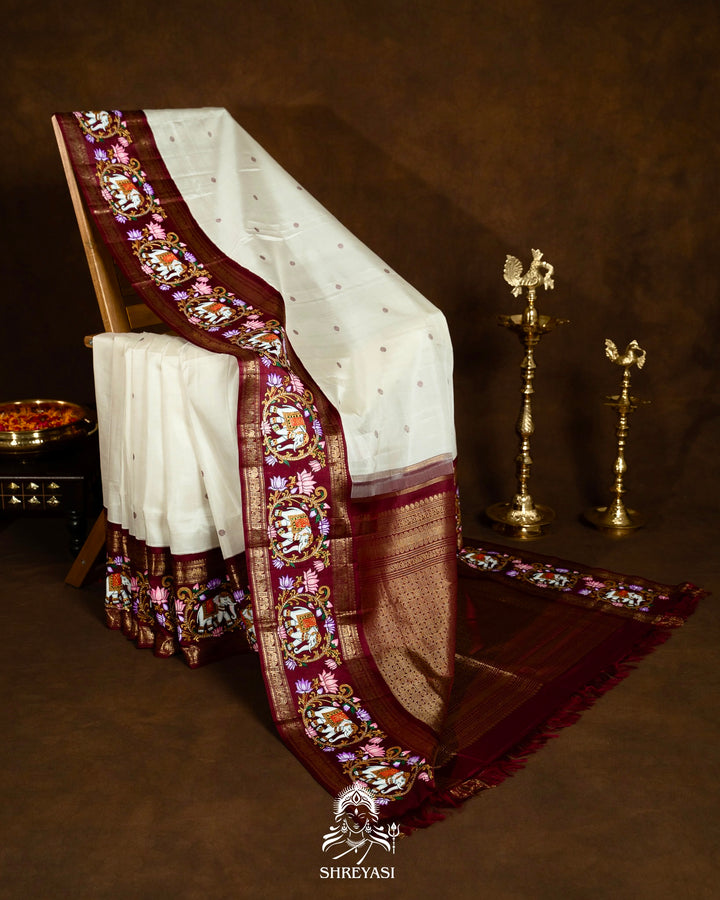 Traditional Tanjore Painting on Handloom Pure Kanjivaram Silk Sarees with Real Zari