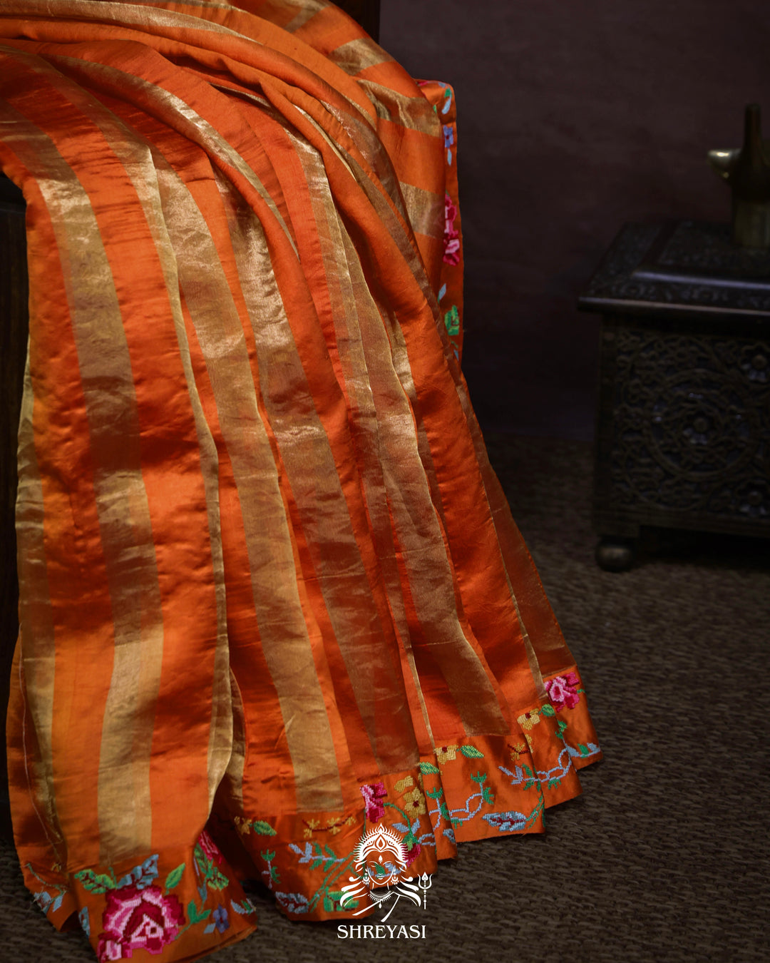 Handloom Pure Banarasi Tissue Stripes Saree with Petit Point Embroidered Borders