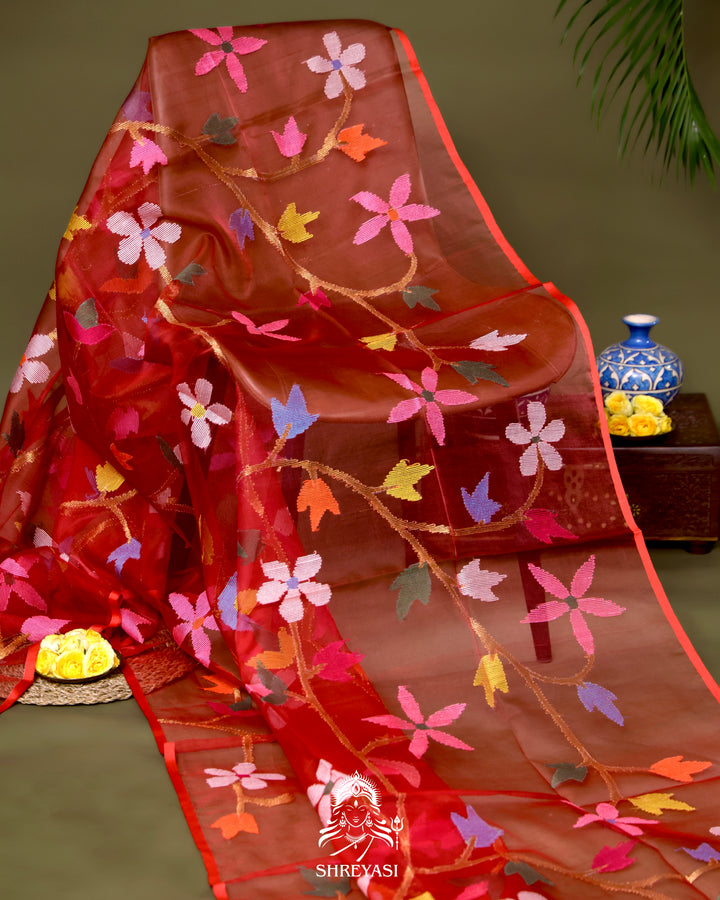 Handloom Pure Muslin Jamdani Saree in Full Jaal Needle Weaving