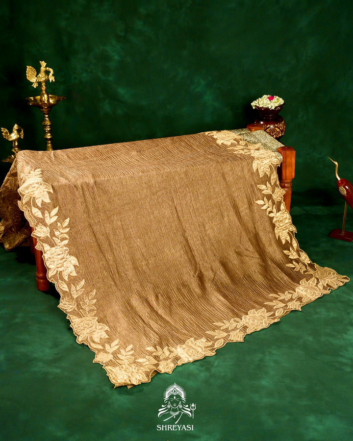 Handloom Pure Banarasi Crushed Tissue Silk Saree with Appliqué Borders