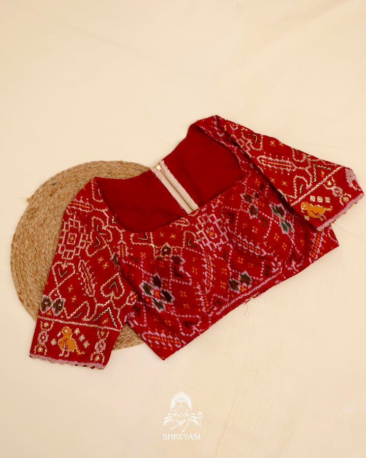 Rajkot Patola single ikat silk blouse with geometric motifs and pita embroidery