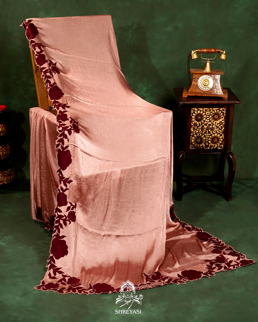 Pure Satin Silk Saree with Contrast Appliqué Borders