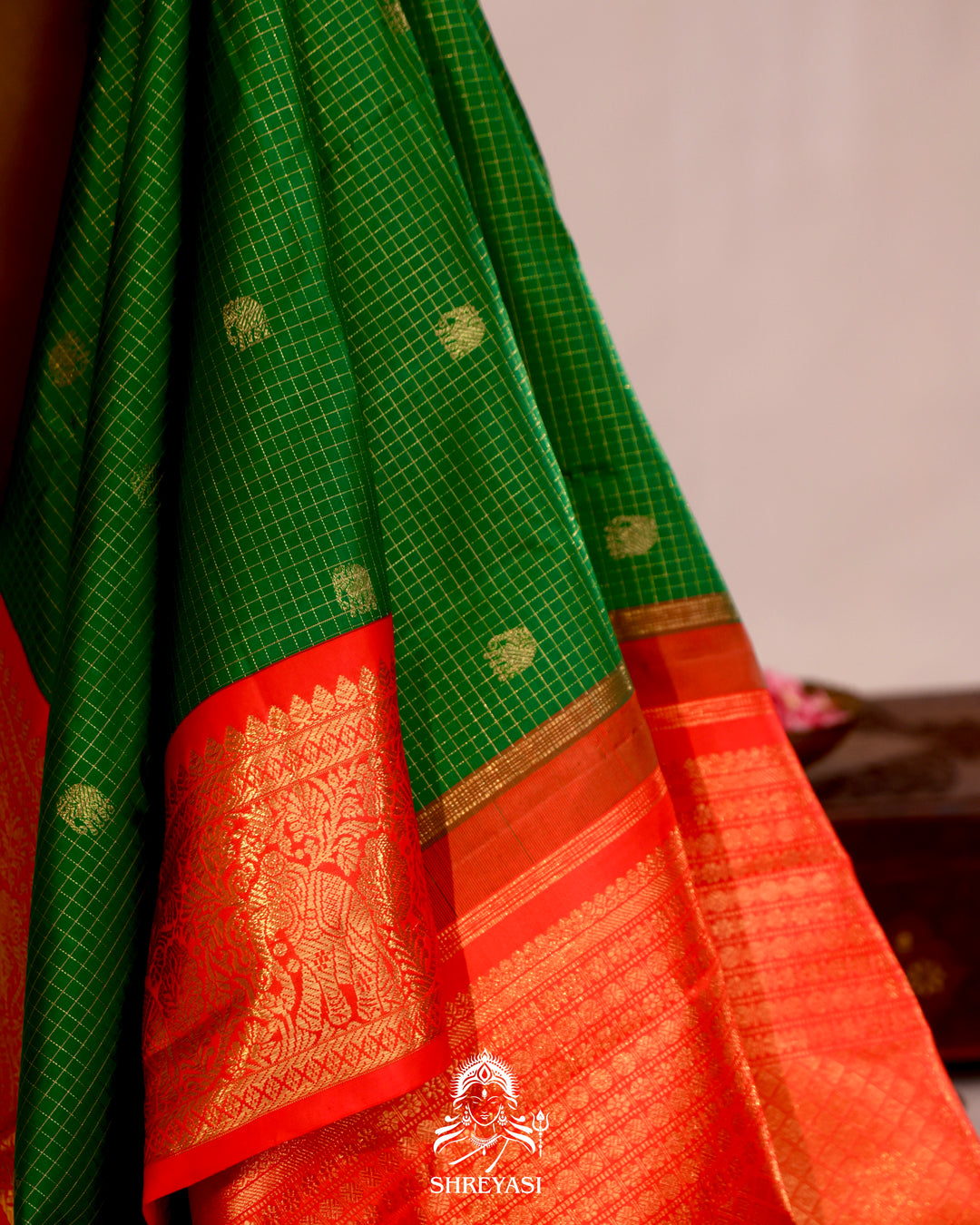 Handloom pure Kanjivaram silk saree with real zari, kattam checks, and traditional motifs