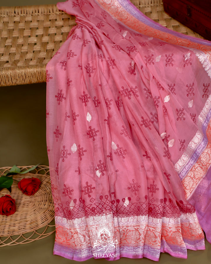 Banarasi Khaddi Chiffon Georgette Saree with Hand Block Motifs