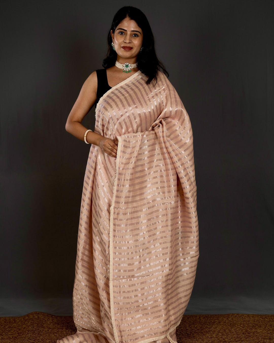 Handloom Pure Chanderi Silk Saree in Champagne Blush with Silver Zari Stripes and Embroidered Floral Blouse