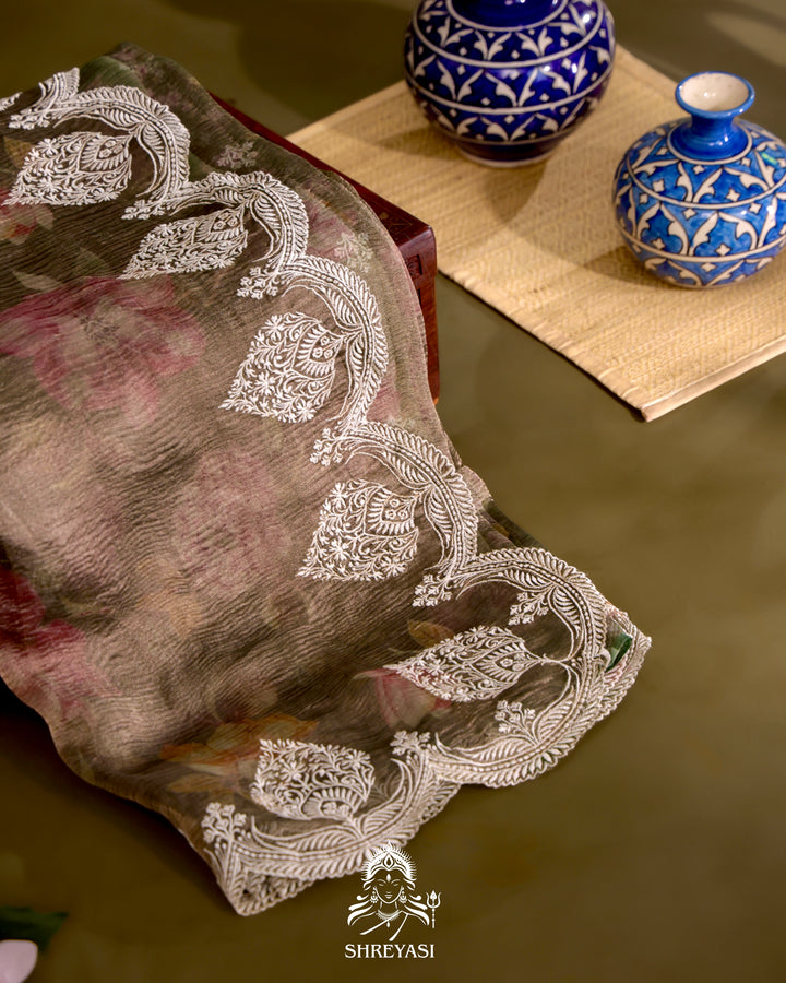 Handloom Pure Crushed Ektara Tissue Silk Saree with Floral Print and Scallop Embroidery