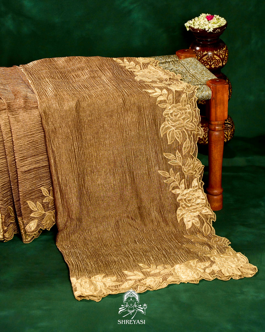 Handloom Pure Banarasi Crushed Tissue Silk Saree with Appliqué Borders