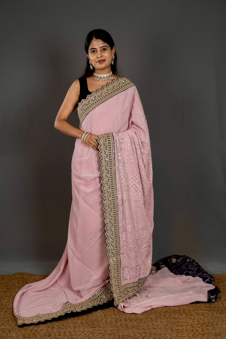 Hand Embroidered Chikankari Pure Georgette Saree with Scalloped Embroidered Borders and Contrast Banaras Blouse