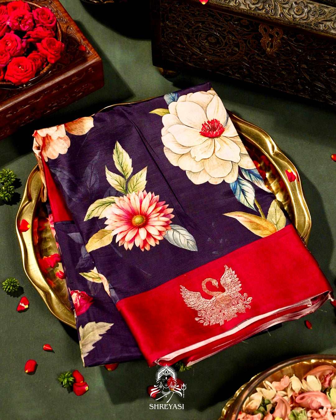 Handloom Pure Banarasi Silk Saree with Floral Print and Mashru Border