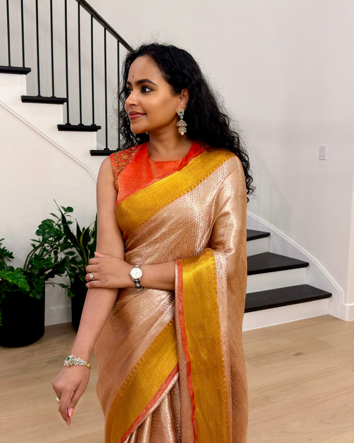 Handloom Pure Banarasi Tissue Brocade Saree in Rose Gold with Contrast Zari Border