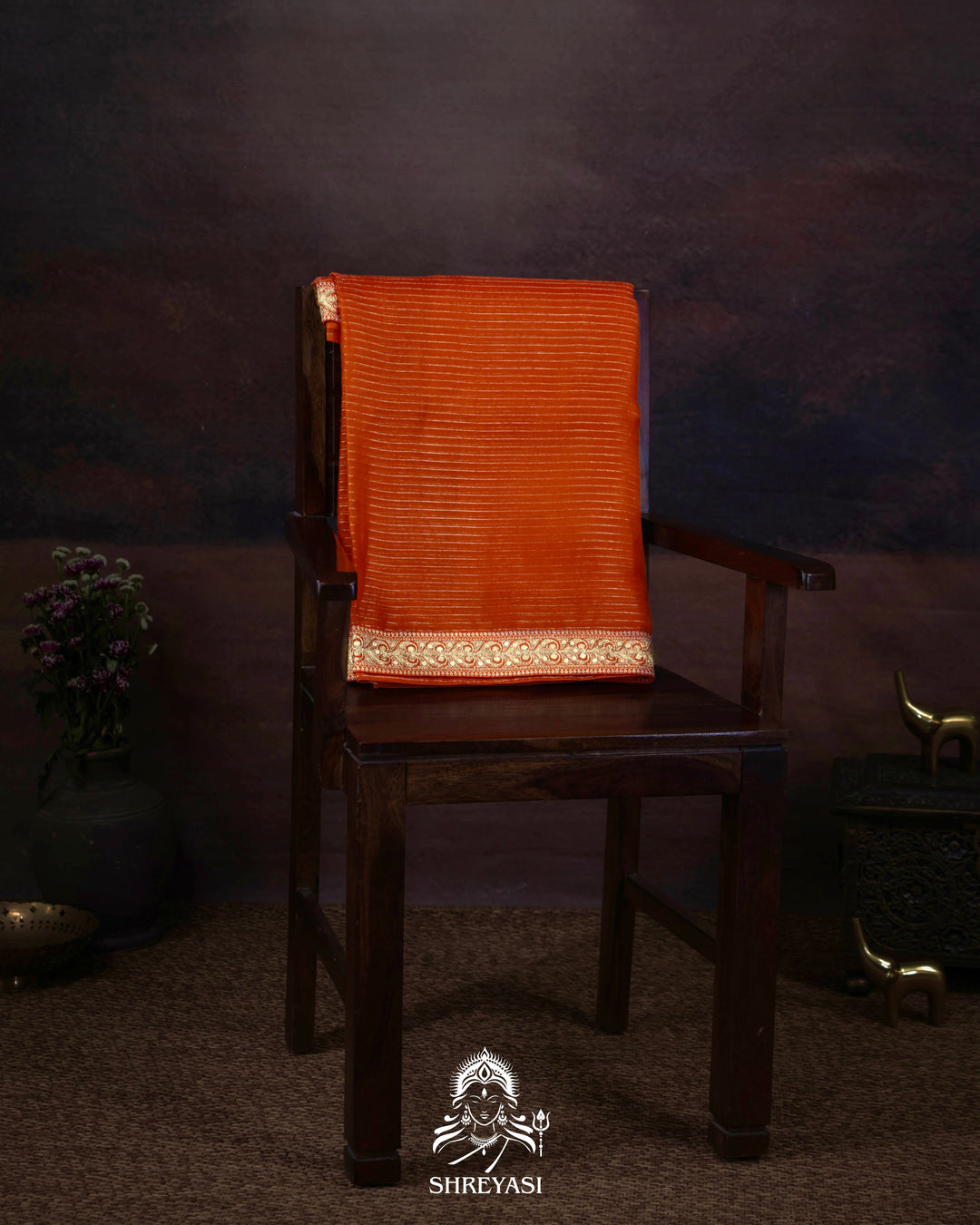 Pure Organza Silk Saree in Orange with Embroidered Border
