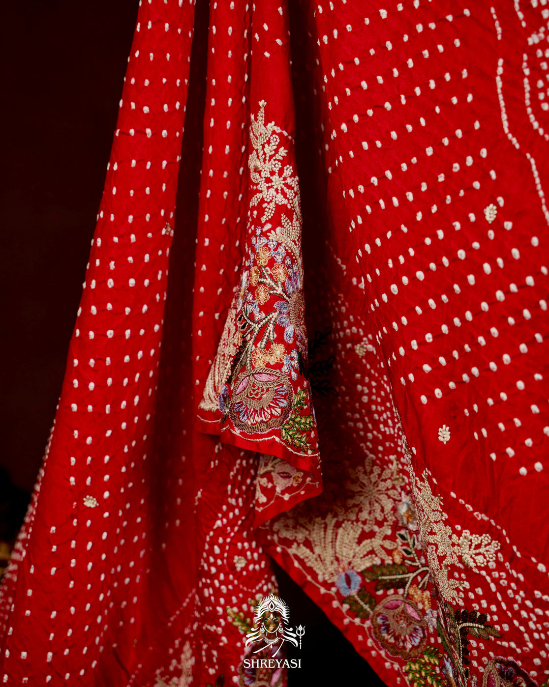 Handloom Pure Gaji Silk Bandhej Saree with Floral Embroidery in Scarlet Red