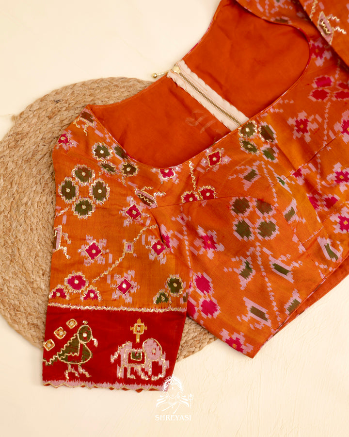 Rajkot Patola single ikat silk blouse with geometric motifs and pita embroidery