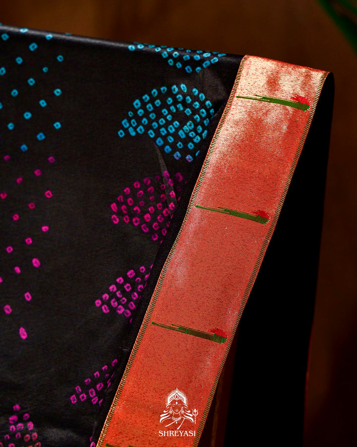 Handloom Pure Gaji Silk Bandhej Saree with Pure Paithani Border