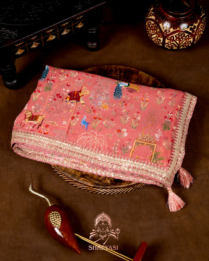 Mughal Garden Print Crepe Chinon Saree with Embroidered Border