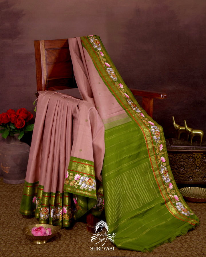 Handloom Pure Kanjivaram Silk Saree in Real Zari with Tanjore Yanai and Kamalam Artwork