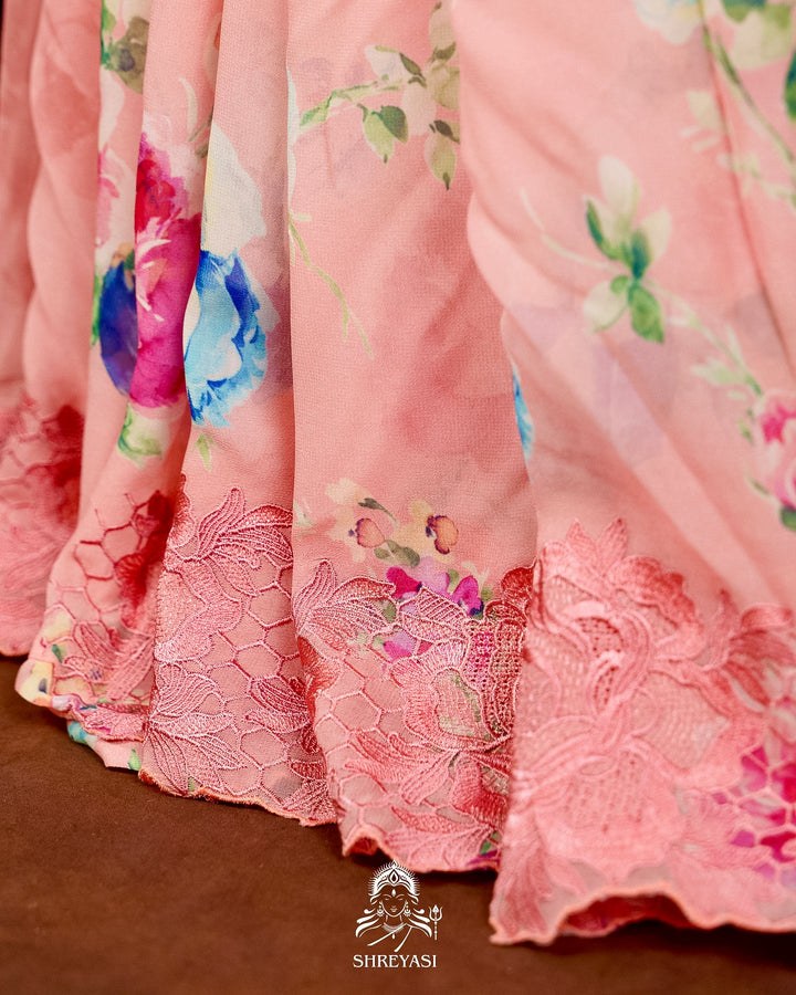 Pure Georgette Floral Saree with Chantilly Lace Embroidery Border