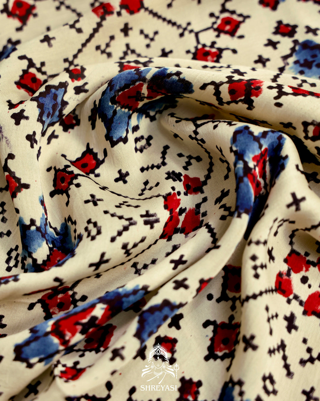 Pure Modal Gaji Silk Lagdi Patta Ivory Blue Ajrakh Saree in Natural Dyes