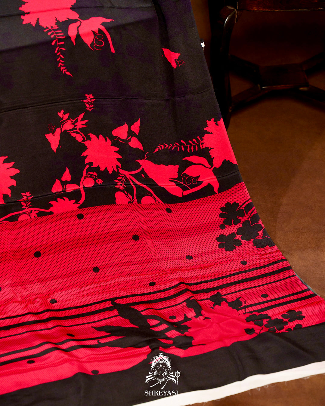 Pure Crepe Floral Saree in Black and Scarlet Red