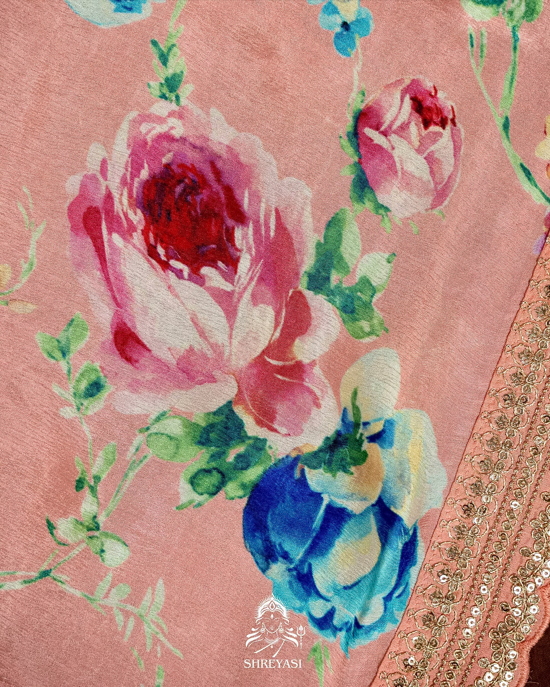 Pure Chinon Satin Saree with Floral Print & Embroidered Scallop Borders