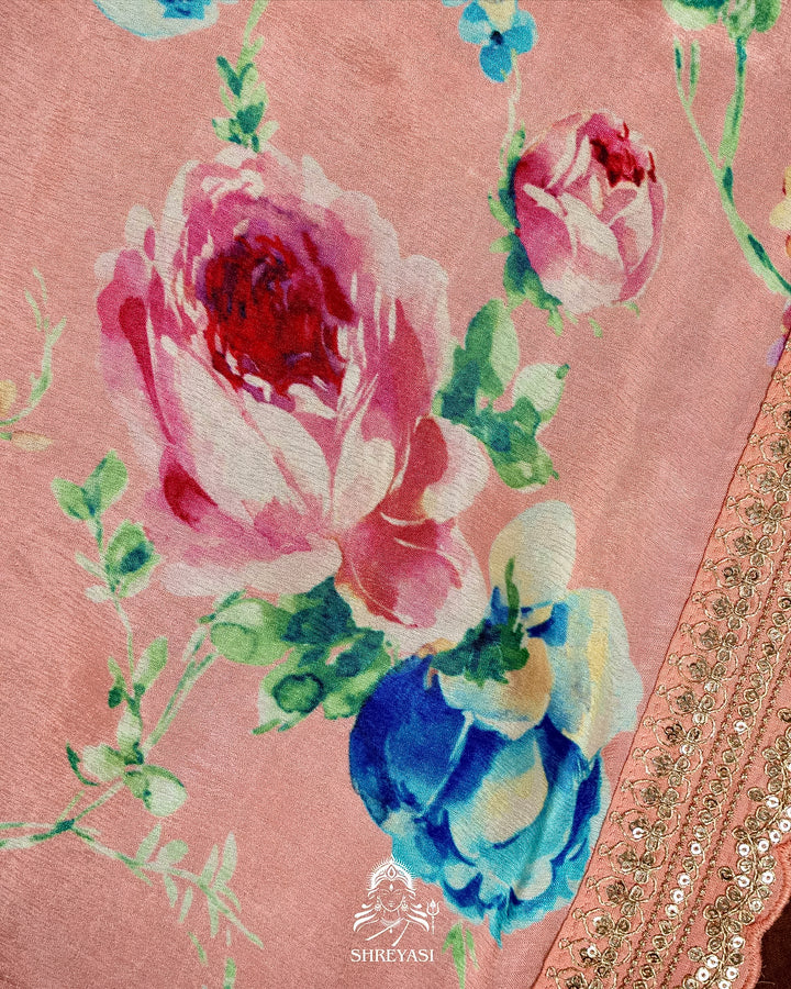 Pure Chinon Satin Saree with Floral Print & Embroidered Scallop Borders