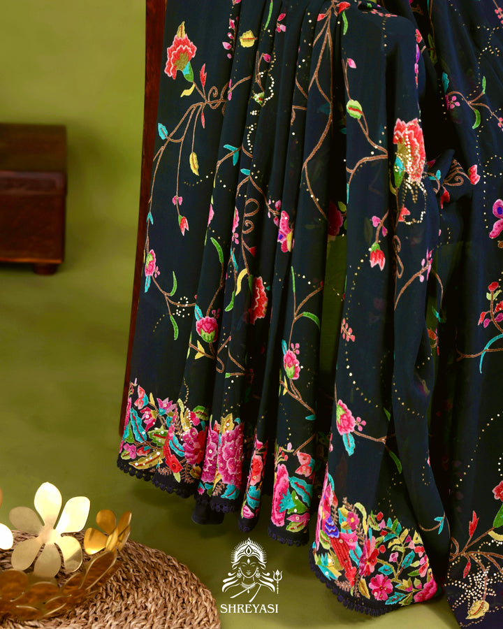 Midnight Floral Pure Georgette Saree with Mukaish, Bead & Sequin Work