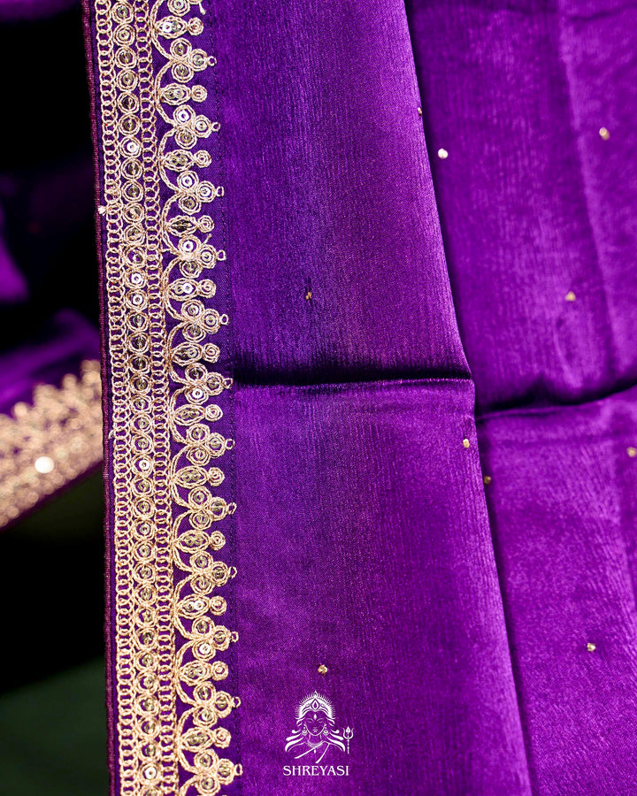 Pure Crepe Satin Saree with Embroidered Borders and Fully Embroidered Blouse