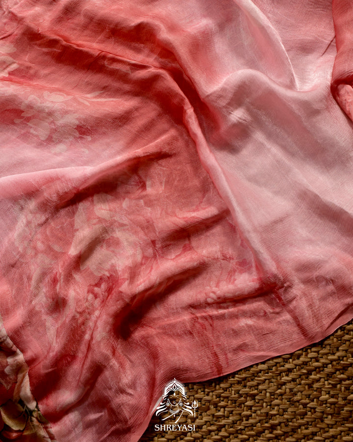 Peach pink Chinon Satin Floral Saree with Embroidered Border