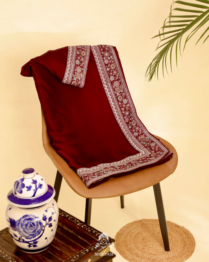 Satin Silk Saree with Embroidered Border