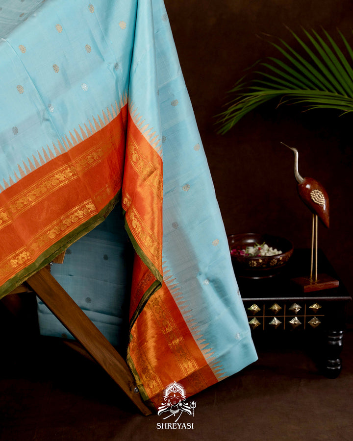 Handloom Pure Gadwal Silk Saree with Tissue Kuttu Border and full Bhuti Silk Blouse