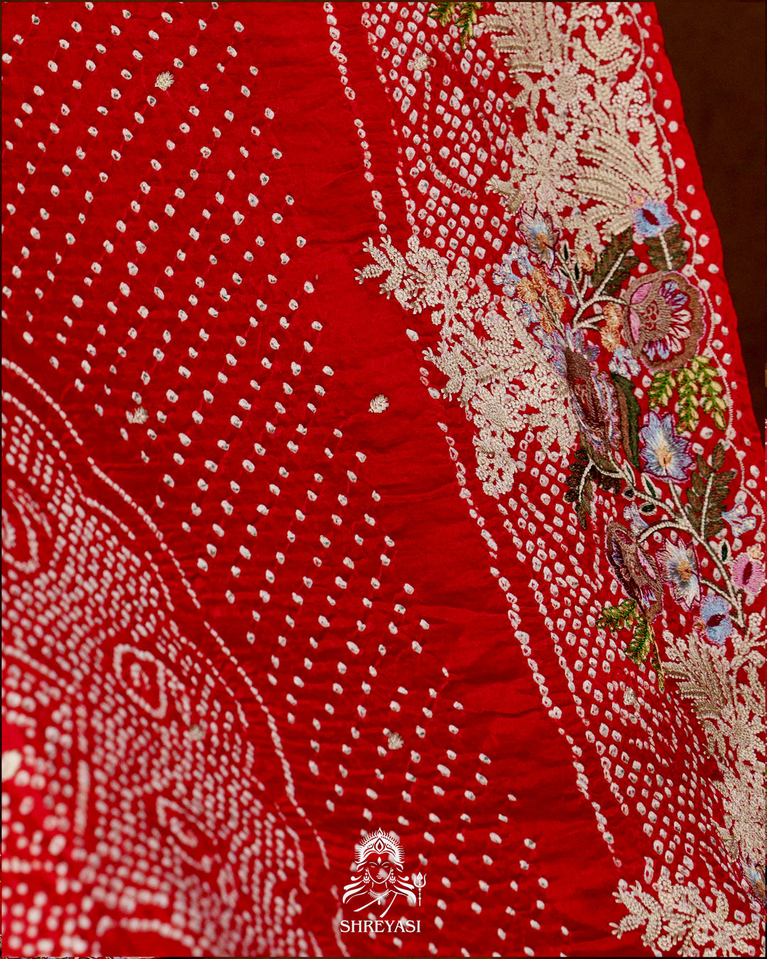 Handloom Pure Gaji Silk Bandhej Saree with Floral Embroidery in Scarlet Red
