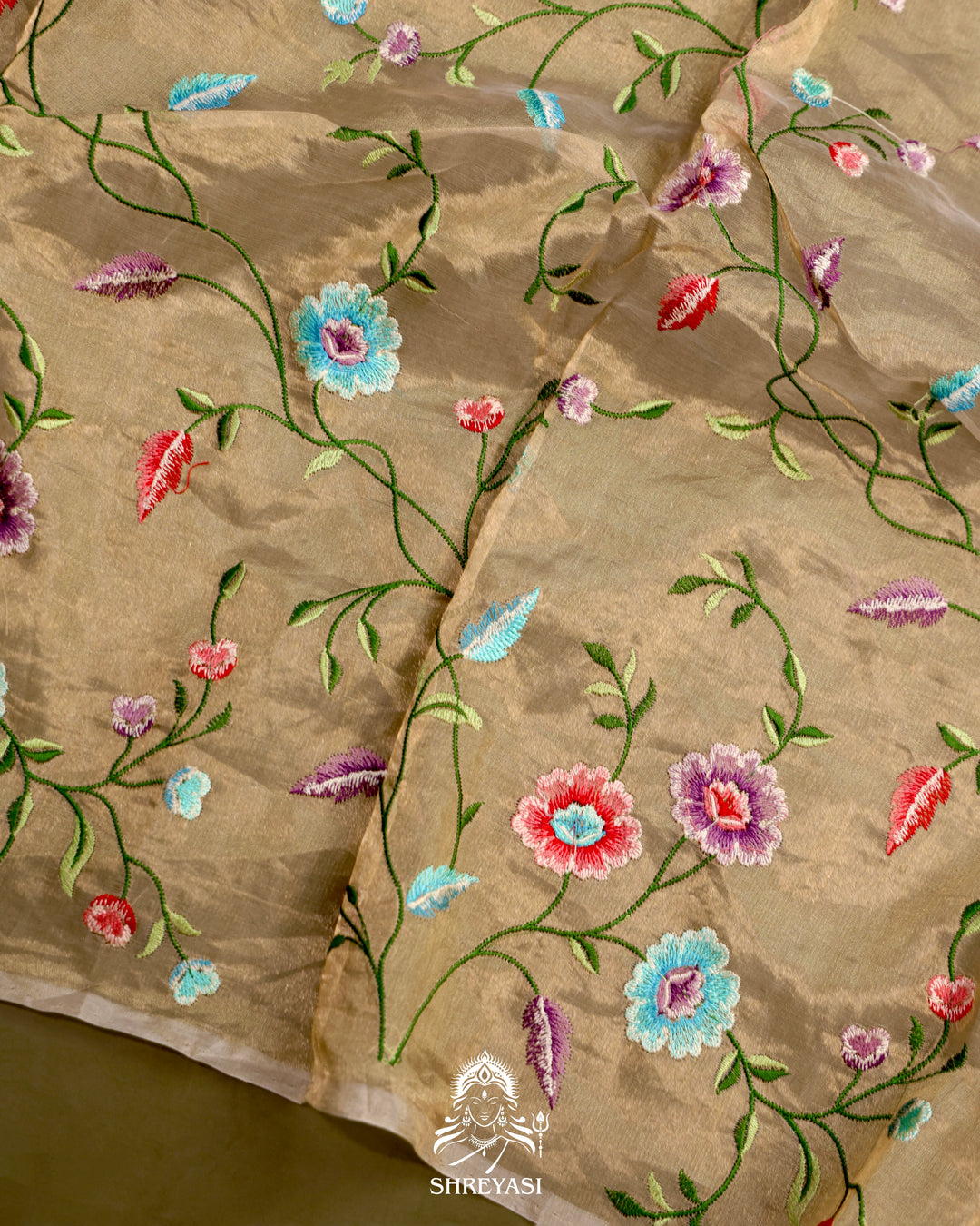 Handloom Banarasi Tissue Stripe Silk Saree with Satin Stitch Floral Embroidered Borders