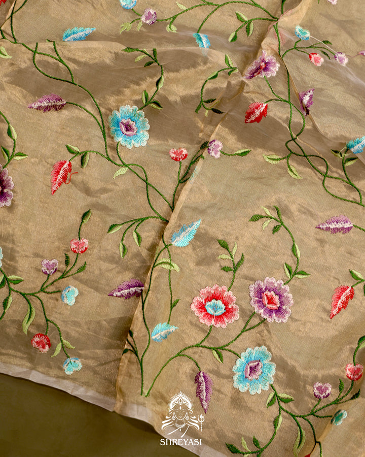 Handloom Banarasi Tissue Stripe Silk Saree with Satin Stitch Floral Embroidered Borders