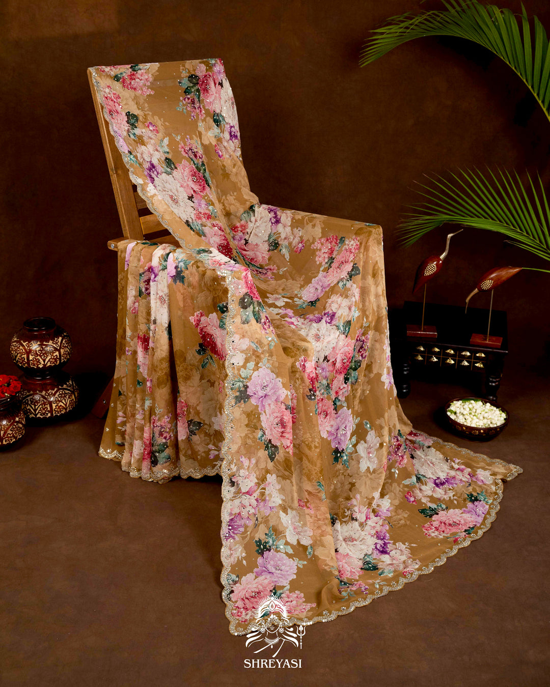 Hand Embellished Pure Georgette Floral Saree in Mocha Beige