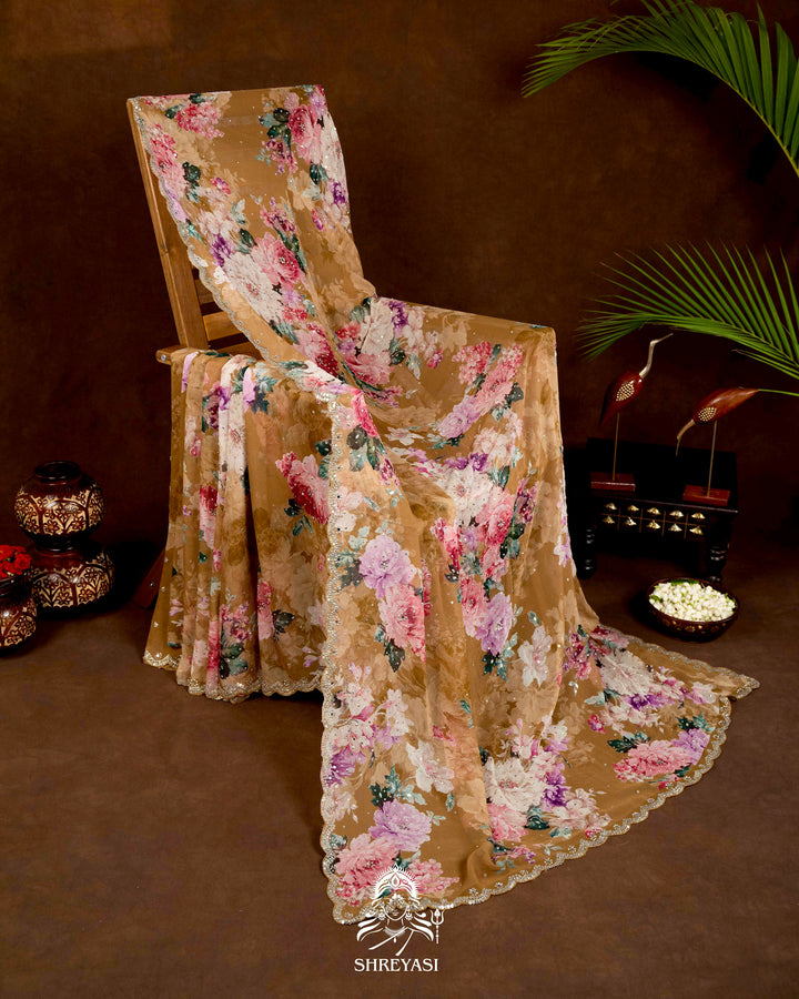 Hand Embellished Pure Georgette Floral Saree in Mocha Beige