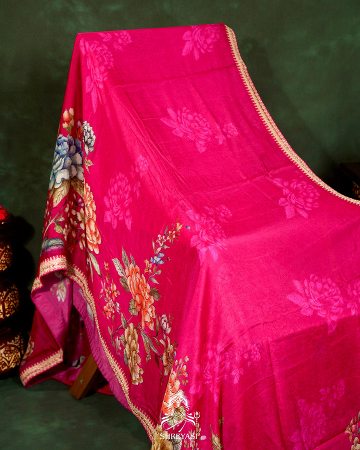 Floral Crepe Chiffon Saree with Embroidered Borders