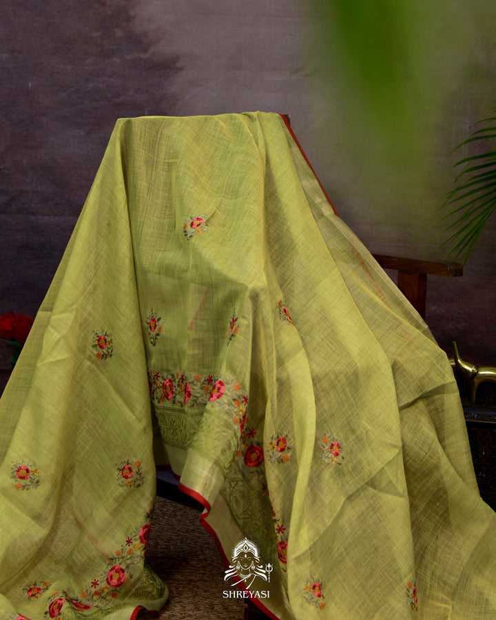 Bengal Linen Saree with Resham Floral Embroidery