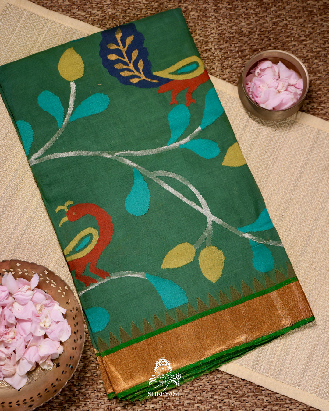 Handwoven Pure Ponduru Khadi Jamdani Saree with All-Over Peacock Vine Weave