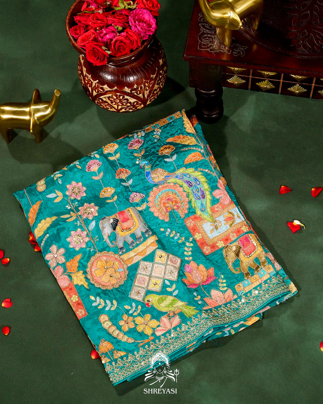 Pure Crepe Satin Saree with Embroidered Borders and Fully Embroidered Blouse