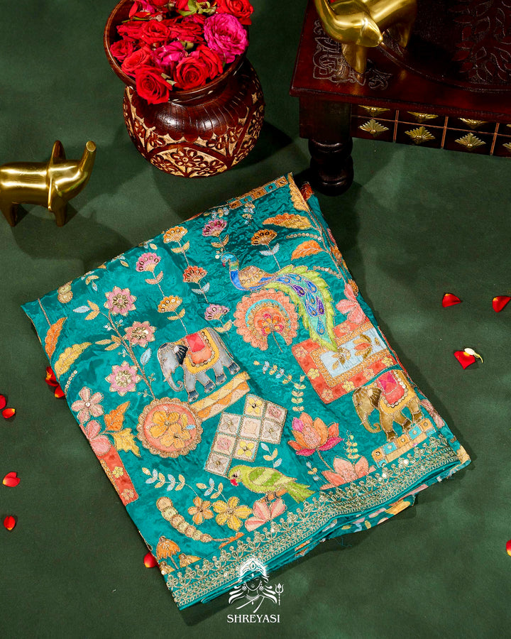 Pure Crepe Satin Saree with Embroidered Borders and Fully Embroidered Blouse
