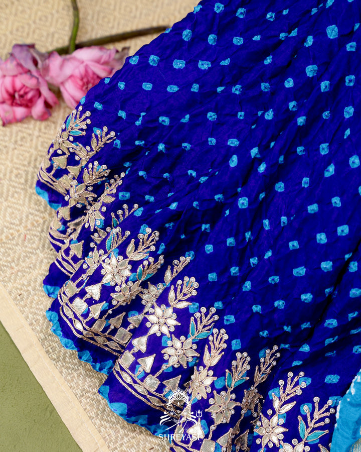 Handloom Pure Gaji Silk Saree with Hand-Knotted Bandhej and Gharchola Pallu with Heavy Gotapatti Embroidery