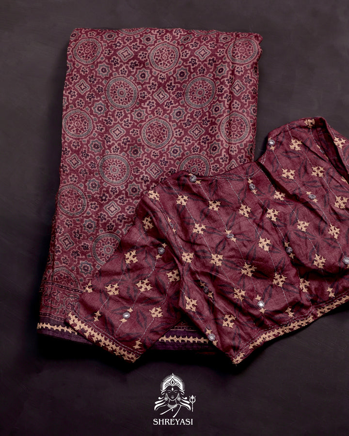 Ajrakh Silk Saree with Kutch Embroidery and Mirror Work