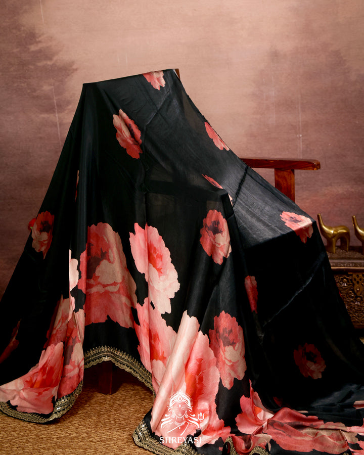 Black Chinon Satin Floral Saree with Embroidered Border
