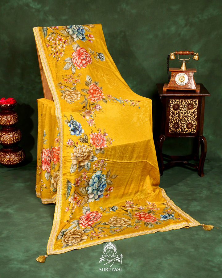 Floral Crepe Chiffon Saree with Embroidered Borders