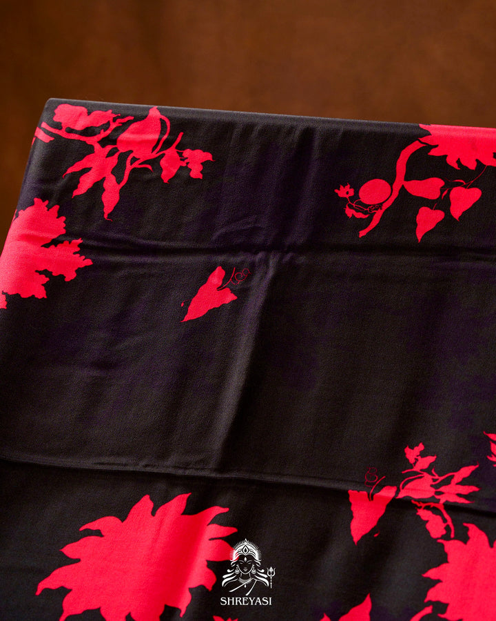 Pure Crepe Floral Saree in Black and Scarlet Red