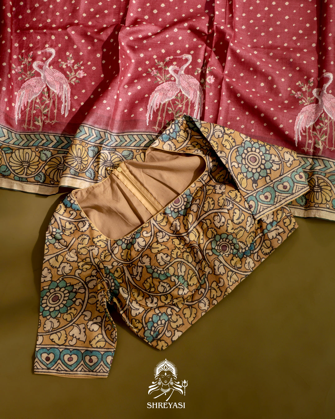 Tussar Silk Bandhej Saree with Pen Kalamkari and Petit Point Embroidery