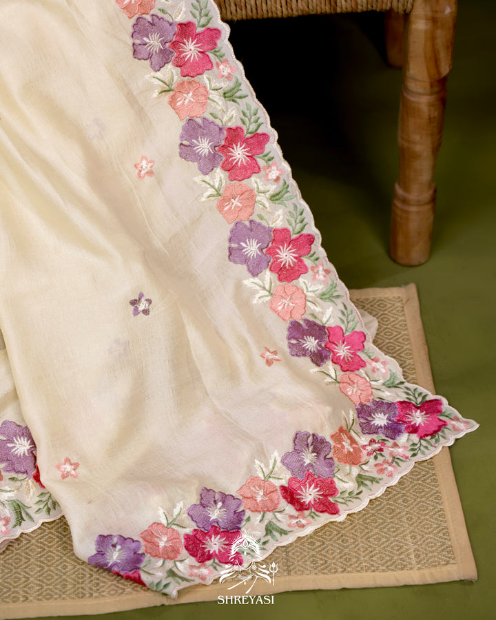 Tussar Silk Saree with Resham Floral Embroidery Border