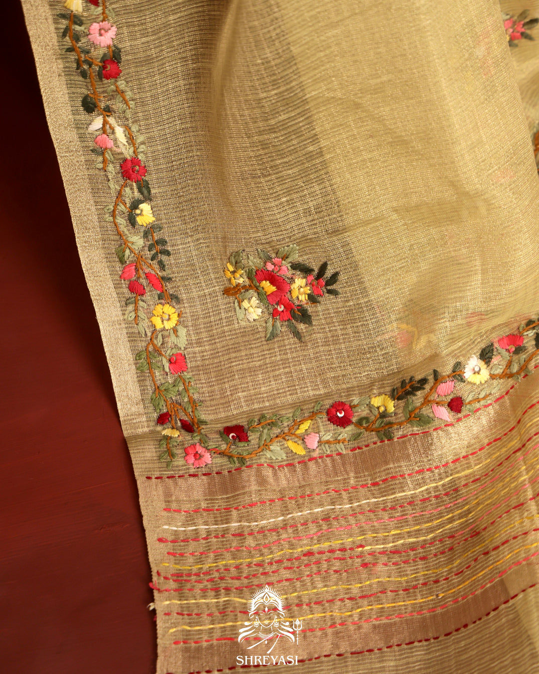 Tissue Linen Saree with Resham Floral Embroidery