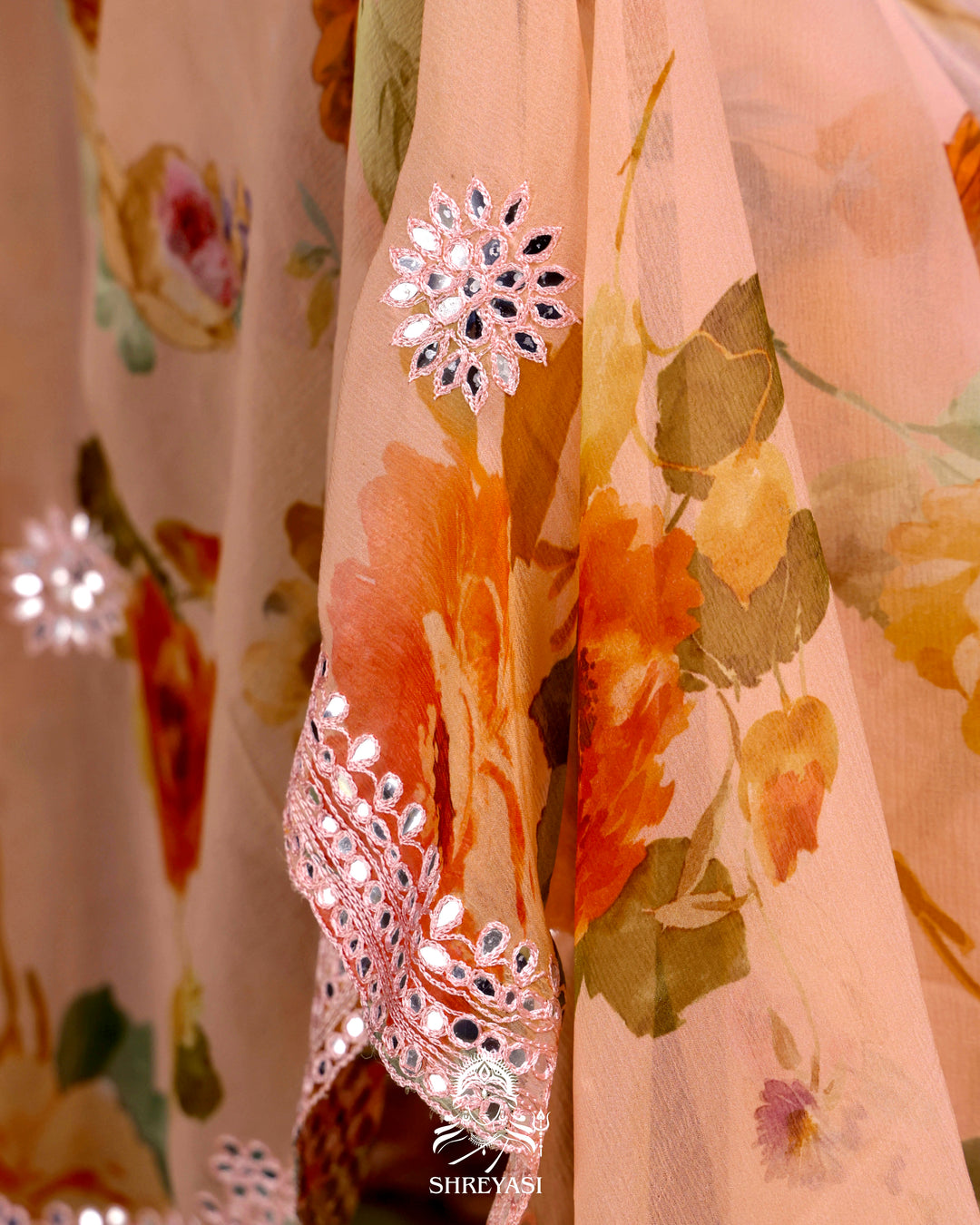 Floral Chiffon Georgette Saree with Scalloped Mirror Embroidery
